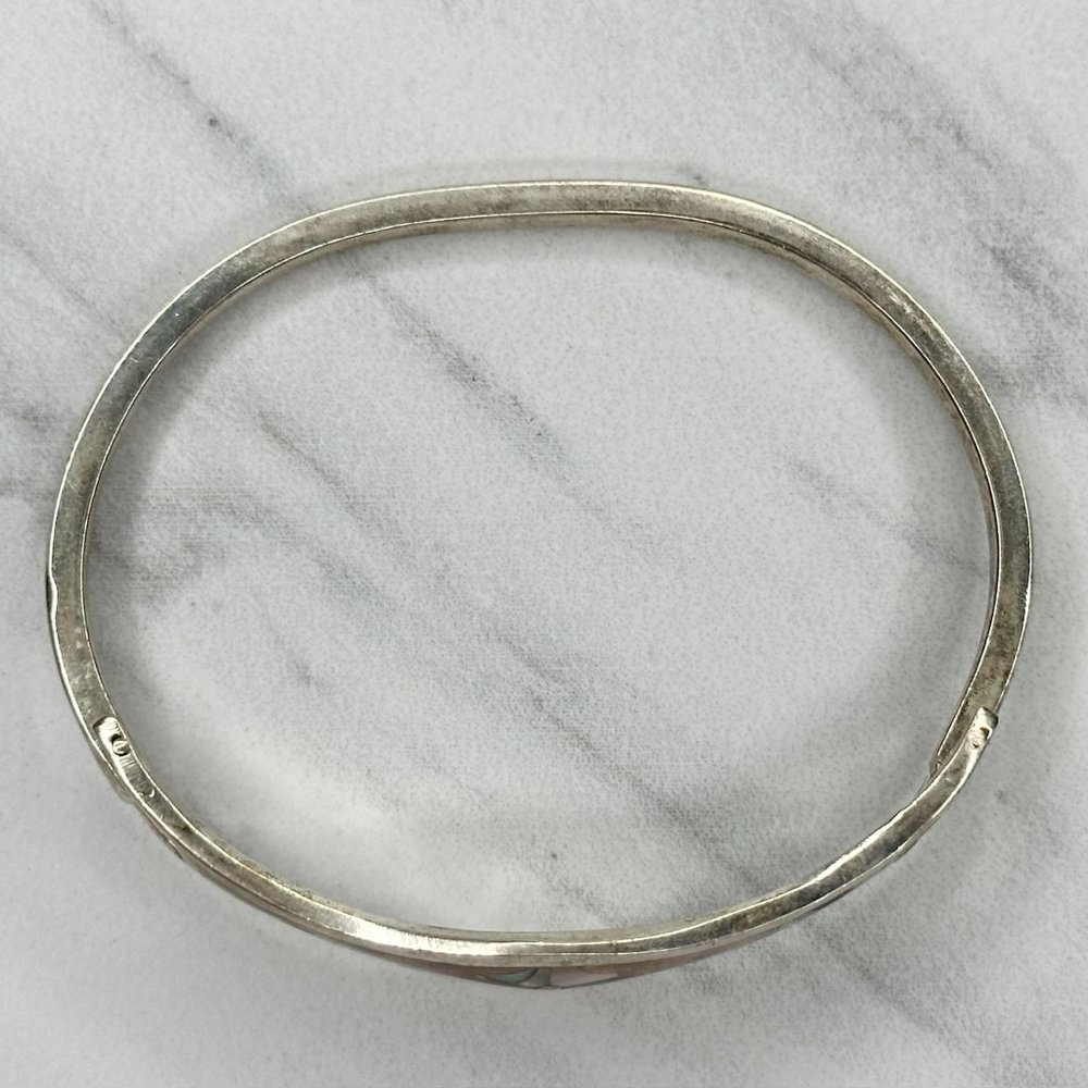 Vintage Mexico Silver Tone Abalone Shell Flower Inlay Hinge Bangle Bracelet - Picture 3 of 11